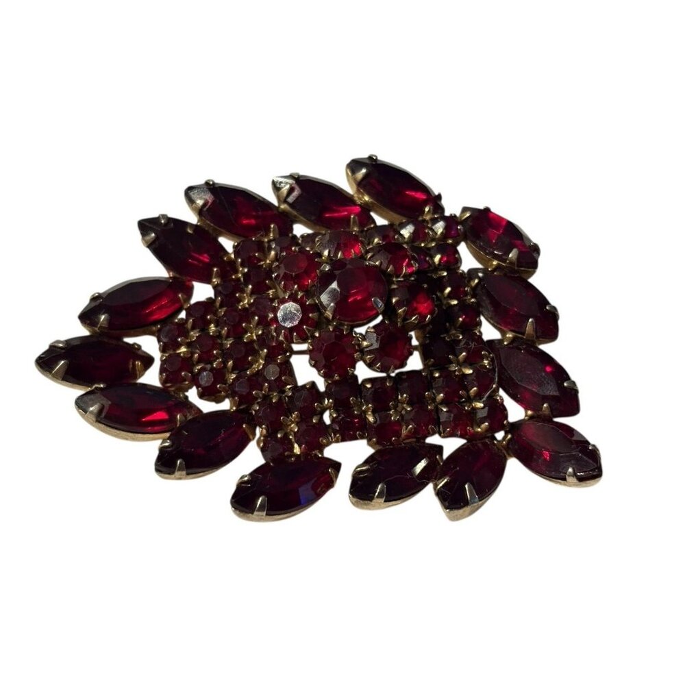 VTG Red Brooch Pin Navette and Round Rhinestone Gold Tone Large Statement Chunky - Picture 7 of 16